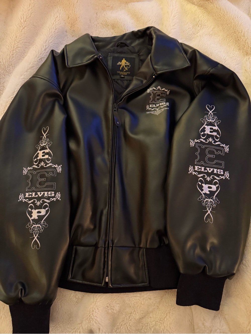 ELVIS Black Faux Leather Bomber Jacket with White Embroidered Logos